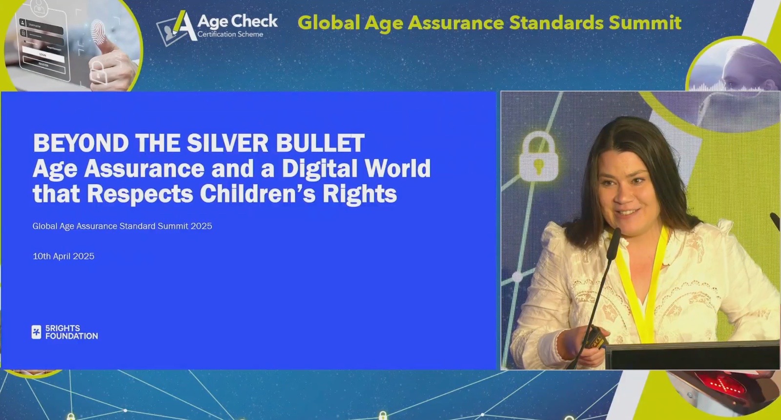 Wide shot of the Global Age Assurance Standard Summit 2025 stage, showing Marie-Ève Nadeau presenting alongside a large screen displaying the 5Rights Foundation’s session title: “Beyond the Silver Bullet: Age Assurance and a Digital World that Respects Children’s Rights.”