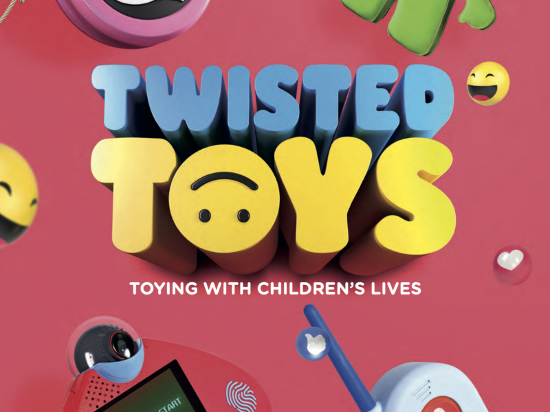 Front cover of the Twisted Toys Catalogue. Features a collage of the Twisted Toys and 3D renders of emojis, with the title Twisted Toys in the centre, in a playful and childish font. The O in the Toys is an upside smiley face.