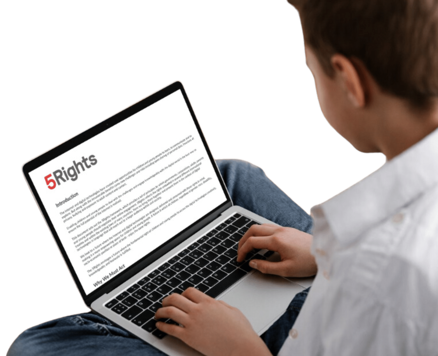 The image shows a young person sitting with a laptop on their lap, viewing a webpage or document titled "5Rights." The text displayed on the screen begins with an introduction about the framework, which appears to focus on digital rights for children. The page outlines the need for action, with several paragraphs of text visible. The young person is typing or interacting with the laptop while reading the document.