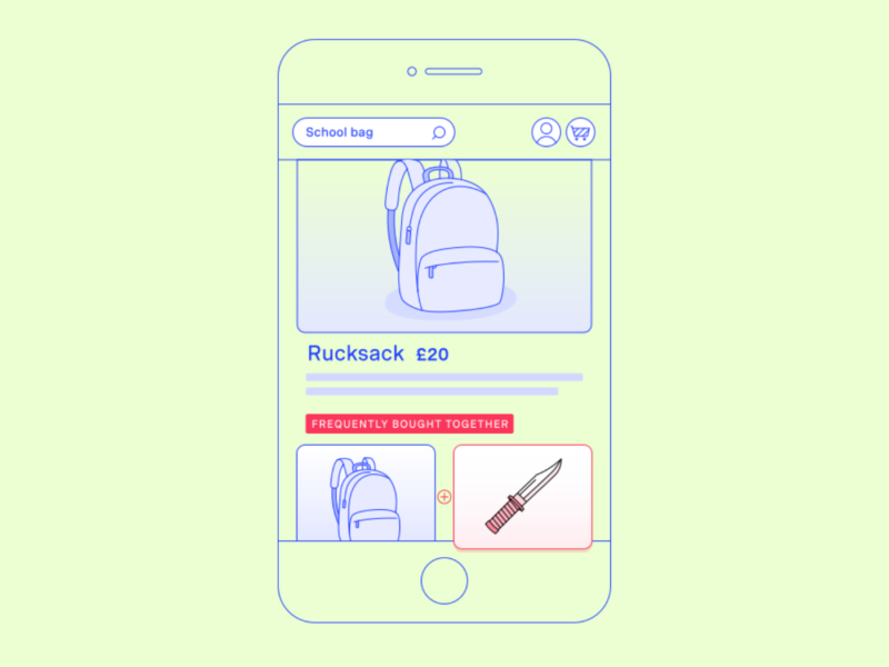 A line drawing illustration of a smartphone displaying an online store page. The screen shows a product page for a blue school backpack. The backpack is priced at £20. Below the backpack image, there is a section titled "Frequently Bought Together," which displays two smaller images: another blue backpack and a red-handled knife. The knife image is highlighted in red.