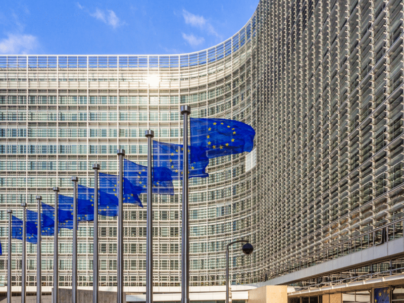 A row of EU Flags in front of the European Union Commission building in Brussels. It is a bright, sunny day. In the top left of the image, you can see clear blue skies. The sun is bouncing off the glass and the metal grid that sits in front of it.