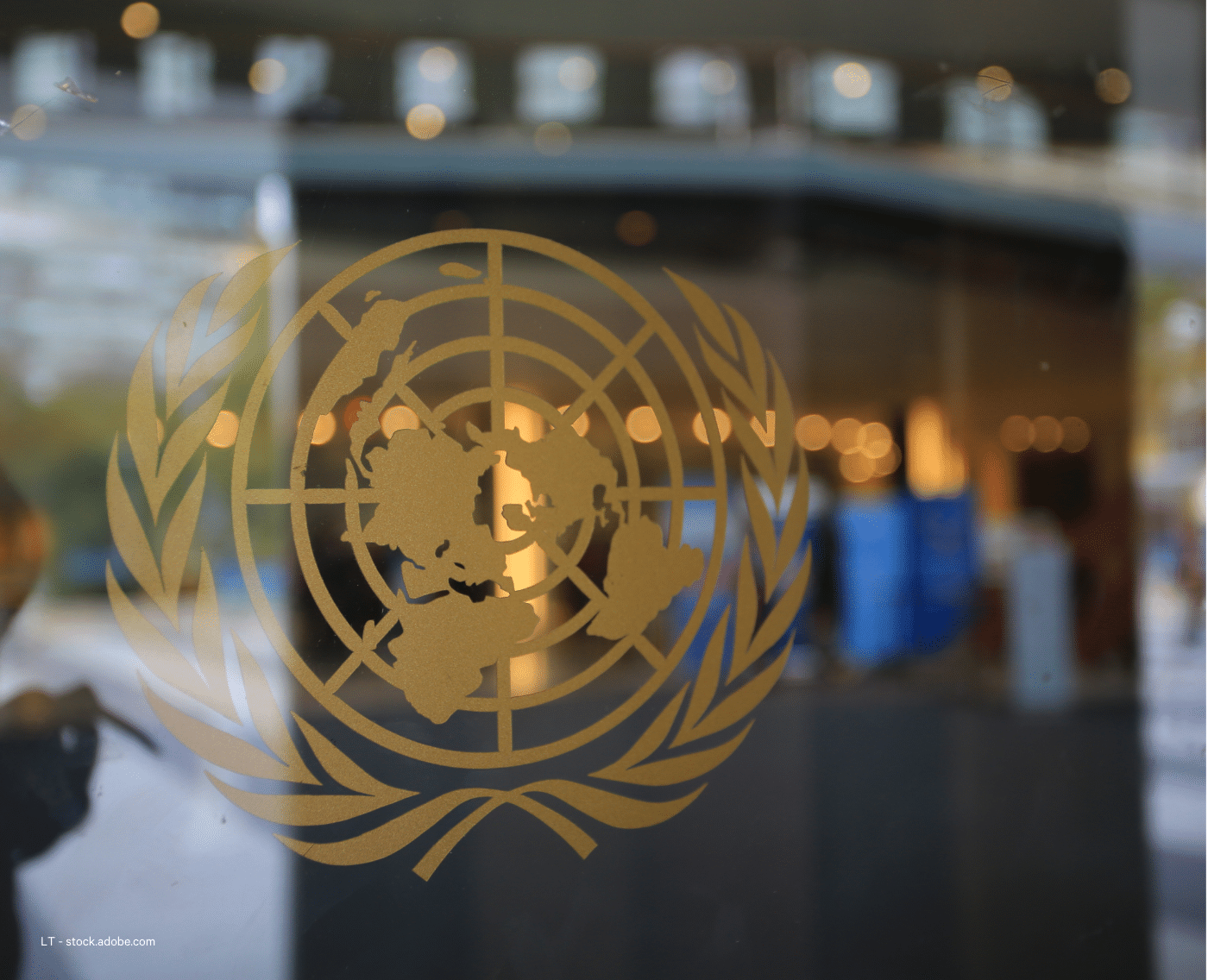 The emblem of the United Nations is prominently displayed on the glass front door of the United Nations Headquarters in New York. The emblem features a world map surrounded by two olive branches, symbolizing peace. Through the glass, the blurred interior of a building can be seen, with soft lighting and reflections adding depth to the image.